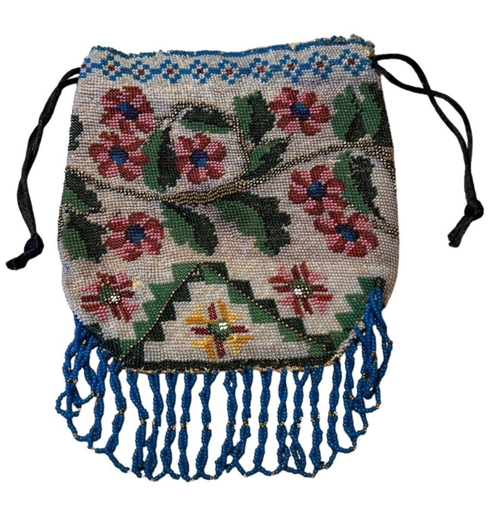 Victorian Antique Beaded Bag, Floral, Drawstring Super Fine Beads Lining